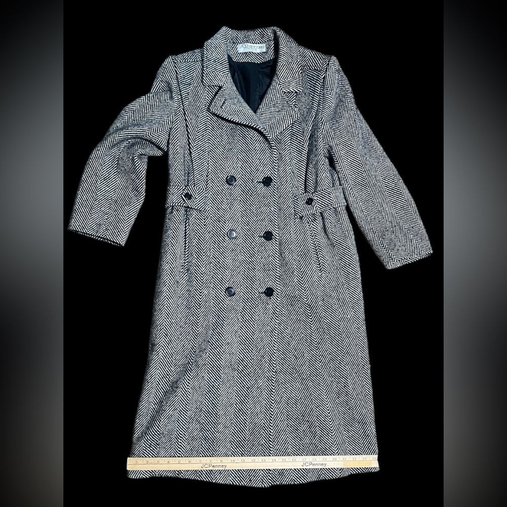 Vintage Alorna- Made in USA- Black and White Herringbone Double Breasted Coat - Picture 5 of 13